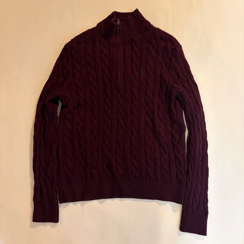 Polo Ralph Lauren Mens Burgundy Cable Knit Quarter Zip Cotton Sweater Mock Neck
